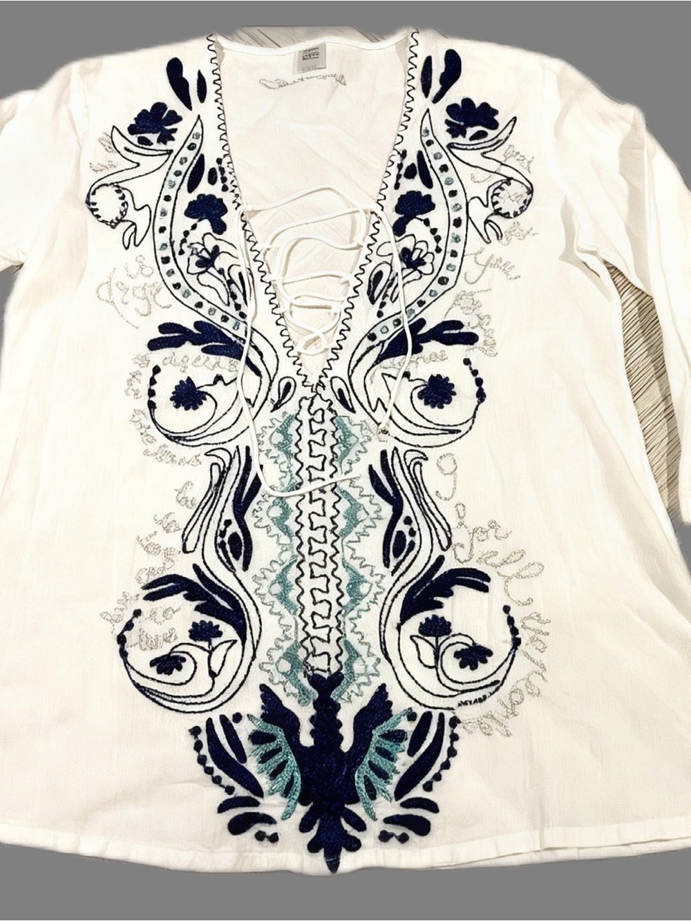 Desigual Cotton Boho Peasant Blouse White Blue Embroidered Tunic Top L - Picture 3 of 16